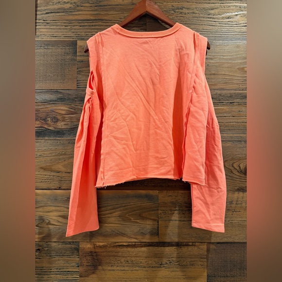 Easel Vibrant Coral Long Sleeve Cold Shoulder Sweatshirt Top - Picture 2 of 4
